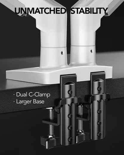 Dual Monitor Stand - Full Adjustable Monitor Desk Mount Swivel Vesa Bracket with C Clamp, Grommet Mounting Base for 13 to 32 Inch Computer Screens - Each Arm Holds 4.4 to 19.8lbs - White