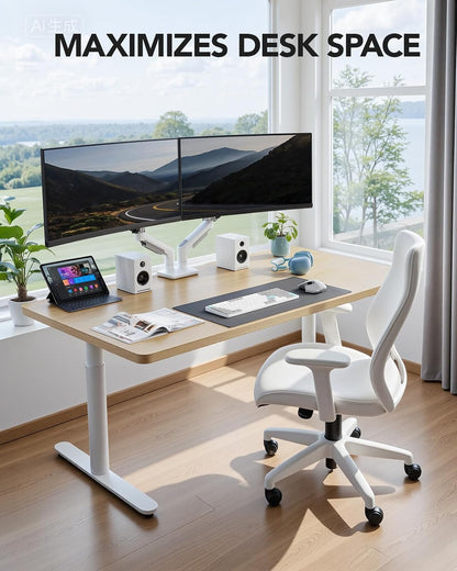 Dual Monitor Stand - Full Adjustable Monitor Desk Mount Swivel Vesa Bracket with C Clamp, Grommet Mounting Base for 13 to 32 Inch Computer Screens - Each Arm Holds 4.4 to 19.8lbs - White