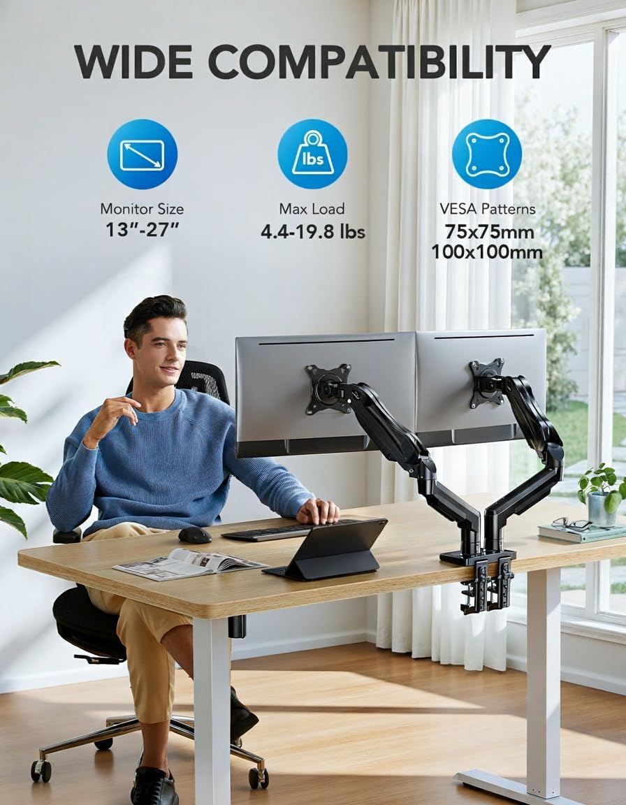 Dual Monitor Stand - Full Adjustable Monitor Desk Mount Swivel Vesa Bracket with C Clamp, Grommet Mounting Base for 13 to 32 Inch Computer Screens - Each Arm Holds 4.4 to 19.8lbs - White