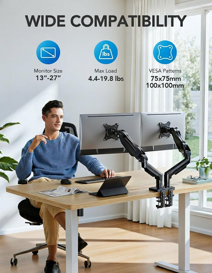 Dual Monitor Stand - Full Adjustable Monitor Desk Mount Swivel Vesa Bracket with C Clamp, Grommet Mounting Base for 13 to 32 Inch Computer Screens - Each Arm Holds 4.4 to 19.8lbs - White