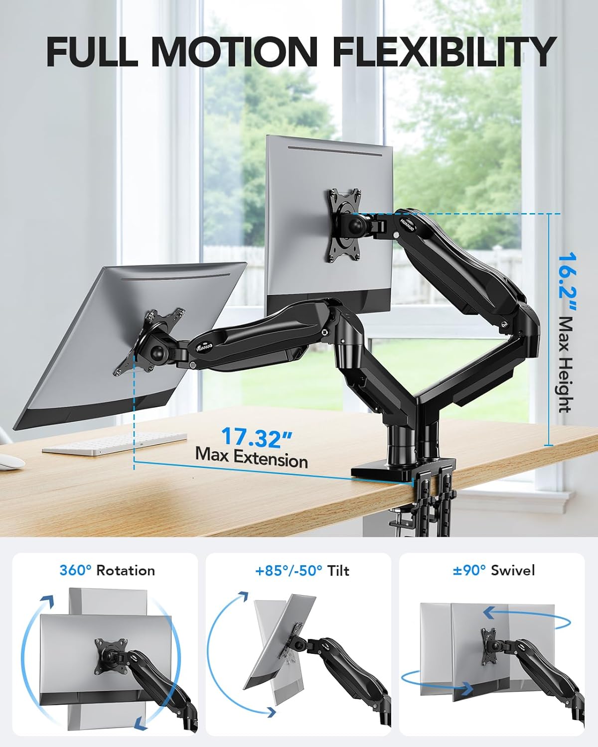 Dual Monitor Stand - Full Adjustable Monitor Desk Mount Swivel Vesa Bracket with C Clamp, Grommet Mounting Base for 13 to 32 Inch Computer Screens - Each Arm Holds 4.4 to 19.8lbs - White