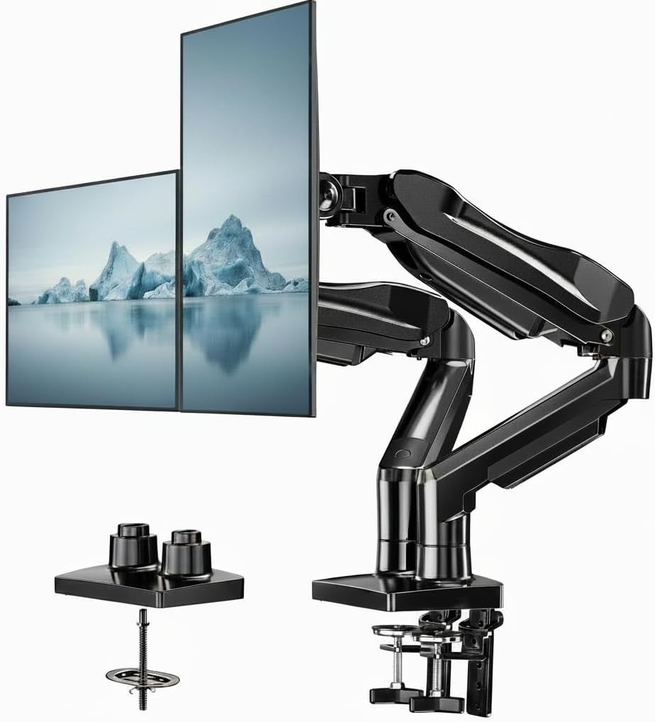 Dual Monitor Stand - Full Adjustable Monitor Desk Mount Swivel Vesa Bracket with C Clamp, Grommet Mounting Base for 13 to 32 Inch Computer Screens - Each Arm Holds 4.4 to 19.8lbs - White