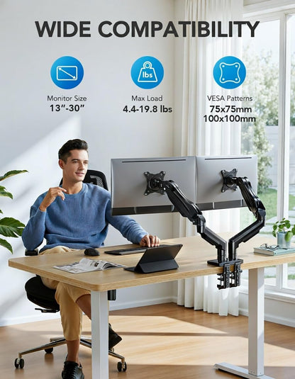 Dual Monitor Stand - Full Adjustable Monitor Desk Mount Swivel Vesa Bracket with C Clamp, Grommet Mounting Base for 13 to 32 Inch Computer Screens - Each Arm Holds 4.4 to 19.8lbs - White