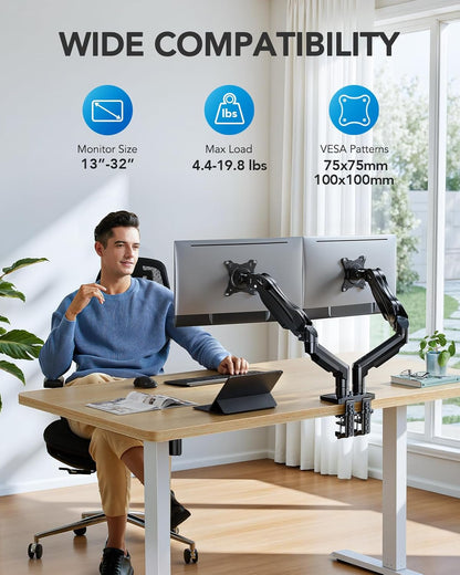 Dual Monitor Stand - Full Adjustable Monitor Desk Mount Swivel Vesa Bracket with C Clamp, Grommet Mounting Base for 13 to 32 Inch Computer Screens - Each Arm Holds 4.4 to 19.8lbs - White
