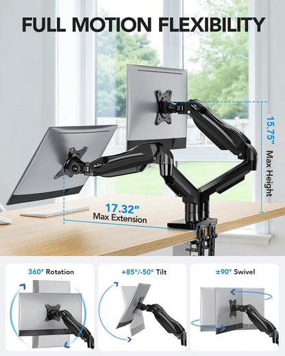 Dual Monitor Stand - Full Adjustable Monitor Desk Mount Swivel Vesa Bracket with C Clamp, Grommet Mounting Base for 13 to 32 Inch Computer Screens - Each Arm Holds 4.4 to 19.8lbs - White
