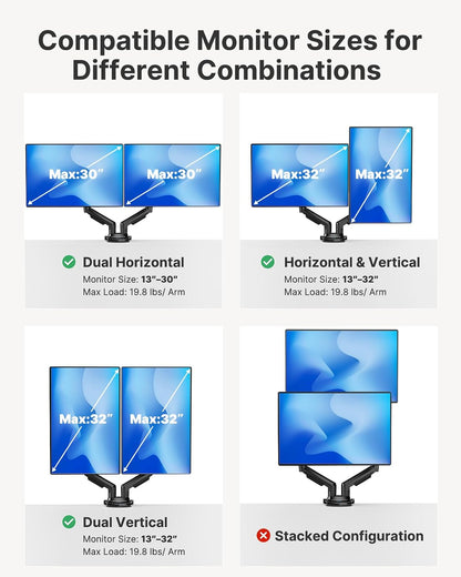 Dual Monitor Stand - Full Adjustable Monitor Desk Mount Swivel Vesa Bracket with C Clamp, Grommet Mounting Base for 13 to 32 Inch Computer Screens - Each Arm Holds 4.4 to 19.8lbs - White