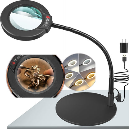 10X Magnifying Glass with Light and Stand, 5 Color Modes Stepless Dimmable LED Lighted Desk Lamp, Hands Free Magnifier with Flexible Goose-Neck for Craft Hobby Painting Sewing Close Work