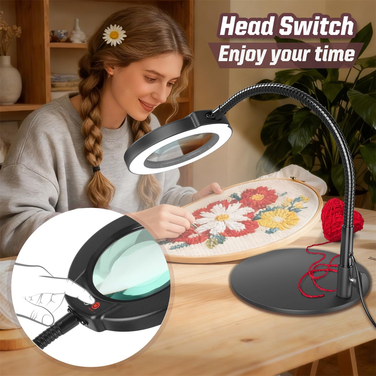 10X Magnifying Glass with Light and Stand, 5 Color Modes Stepless Dimmable LED Lighted Desk Lamp, Hands Free Magnifier with Flexible Goose-Neck for Craft Hobby Painting Sewing Close Work
