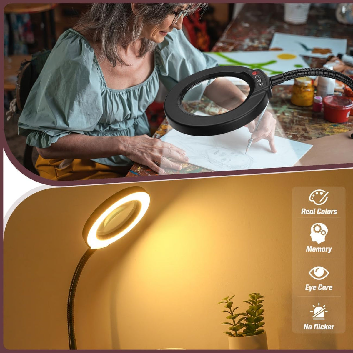 10X Magnifying Glass with Light and Stand, 5 Color Modes Stepless Dimmable LED Lighted Desk Lamp, Hands Free Magnifier with Flexible Goose-Neck for Craft Hobby Painting Sewing Close Work