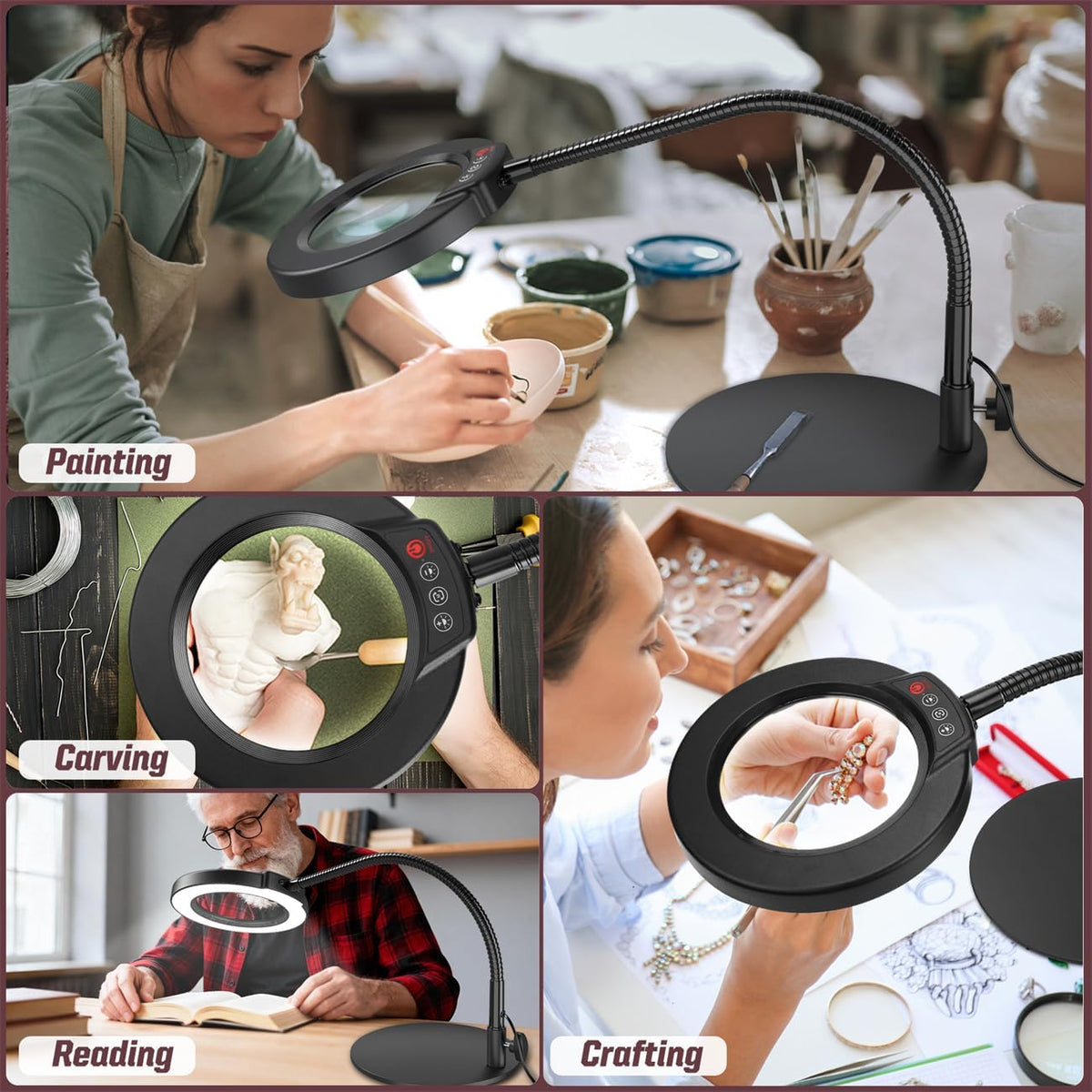 10X Magnifying Glass with Light and Stand, 5 Color Modes Stepless Dimmable LED Lighted Desk Lamp, Hands Free Magnifier with Flexible Goose-Neck for Craft Hobby Painting Sewing Close Work