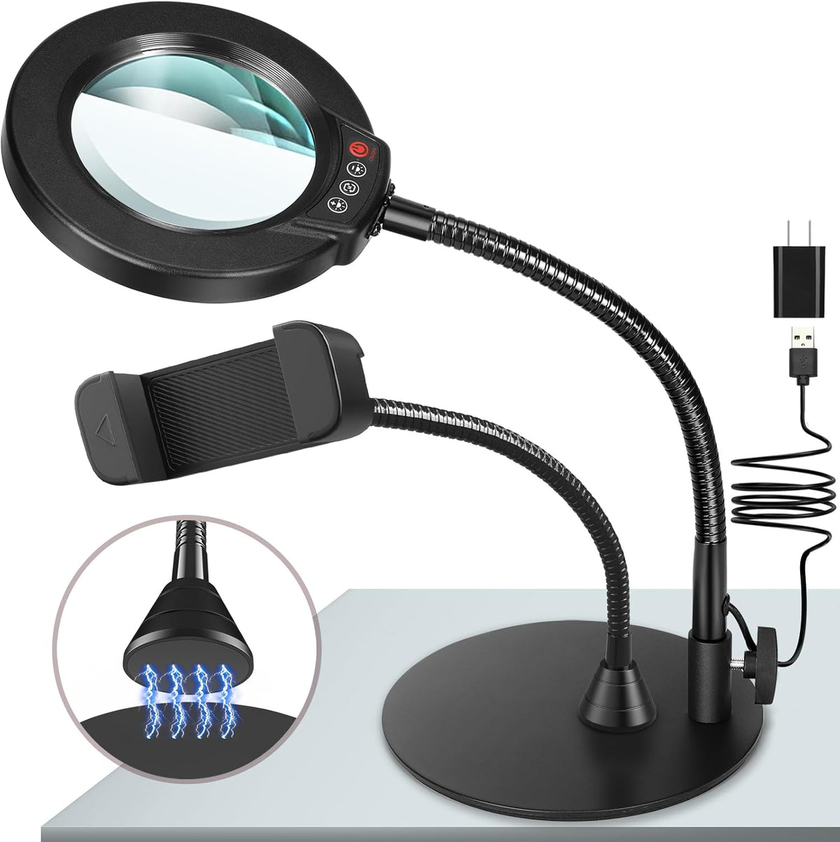 10X Magnifying Glass with Light and Stand, 5 Color Modes Stepless Dimmable LED Lighted Desk Lamp, Hands Free Magnifier with Flexible Goose-Neck for Craft Hobby Painting Sewing Close Work