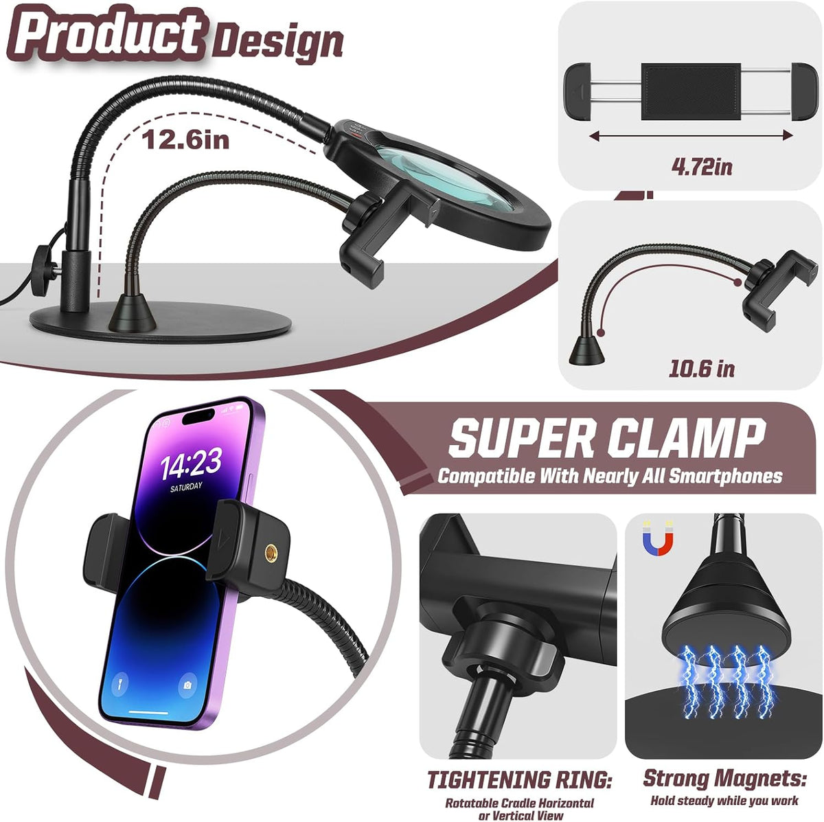 10X Magnifying Glass with Light and Stand, 5 Color Modes Stepless Dimmable LED Lighted Desk Lamp, Hands Free Magnifier with Flexible Goose-Neck for Craft Hobby Painting Sewing Close Work