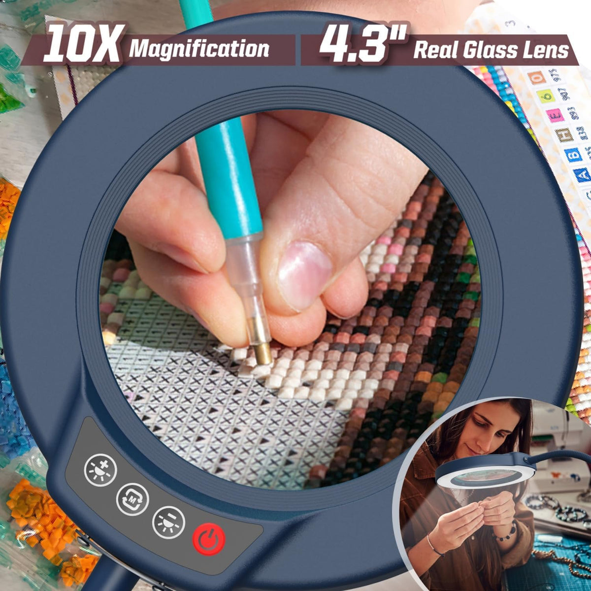 10X Magnifying Glass with Light and Stand, 5 Color Modes Stepless Dimmable LED Lighted Desk Lamp, Hands Free Magnifier with Flexible Goose-Neck for Craft Hobby Painting Sewing Close Work