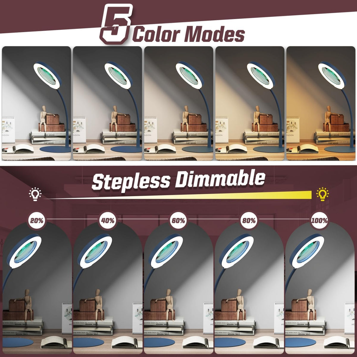 10X Magnifying Glass with Light and Stand, 5 Color Modes Stepless Dimmable LED Lighted Desk Lamp, Hands Free Magnifier with Flexible Goose-Neck for Craft Hobby Painting Sewing Close Work
