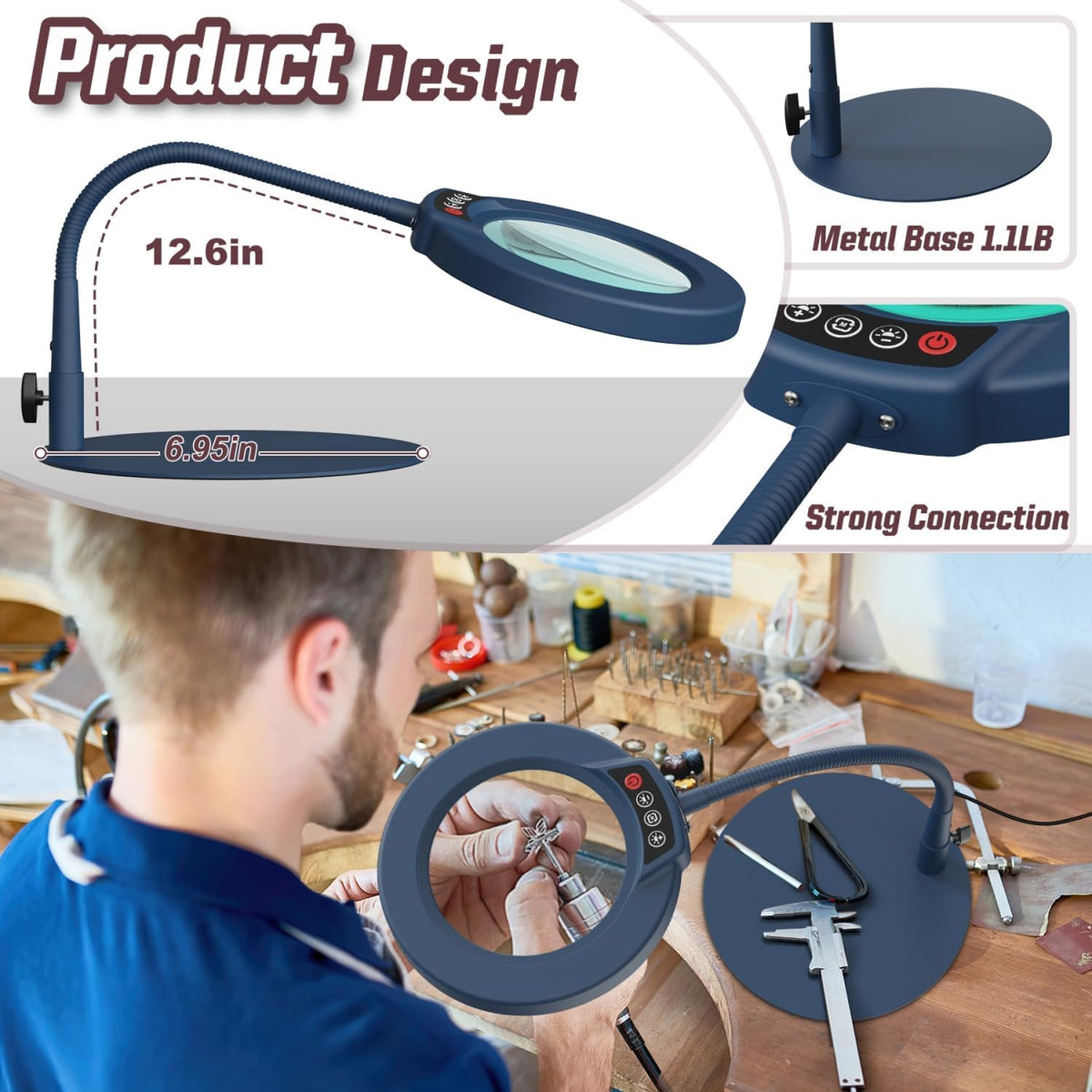 10X Magnifying Glass with Light and Stand, 5 Color Modes Stepless Dimmable LED Lighted Desk Lamp, Hands Free Magnifier with Flexible Goose-Neck for Craft Hobby Painting Sewing Close Work
