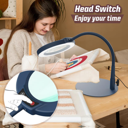 10X Magnifying Glass with Light and Stand, 5 Color Modes Stepless Dimmable LED Lighted Desk Lamp, Hands Free Magnifier with Flexible Goose-Neck for Craft Hobby Painting Sewing Close Work