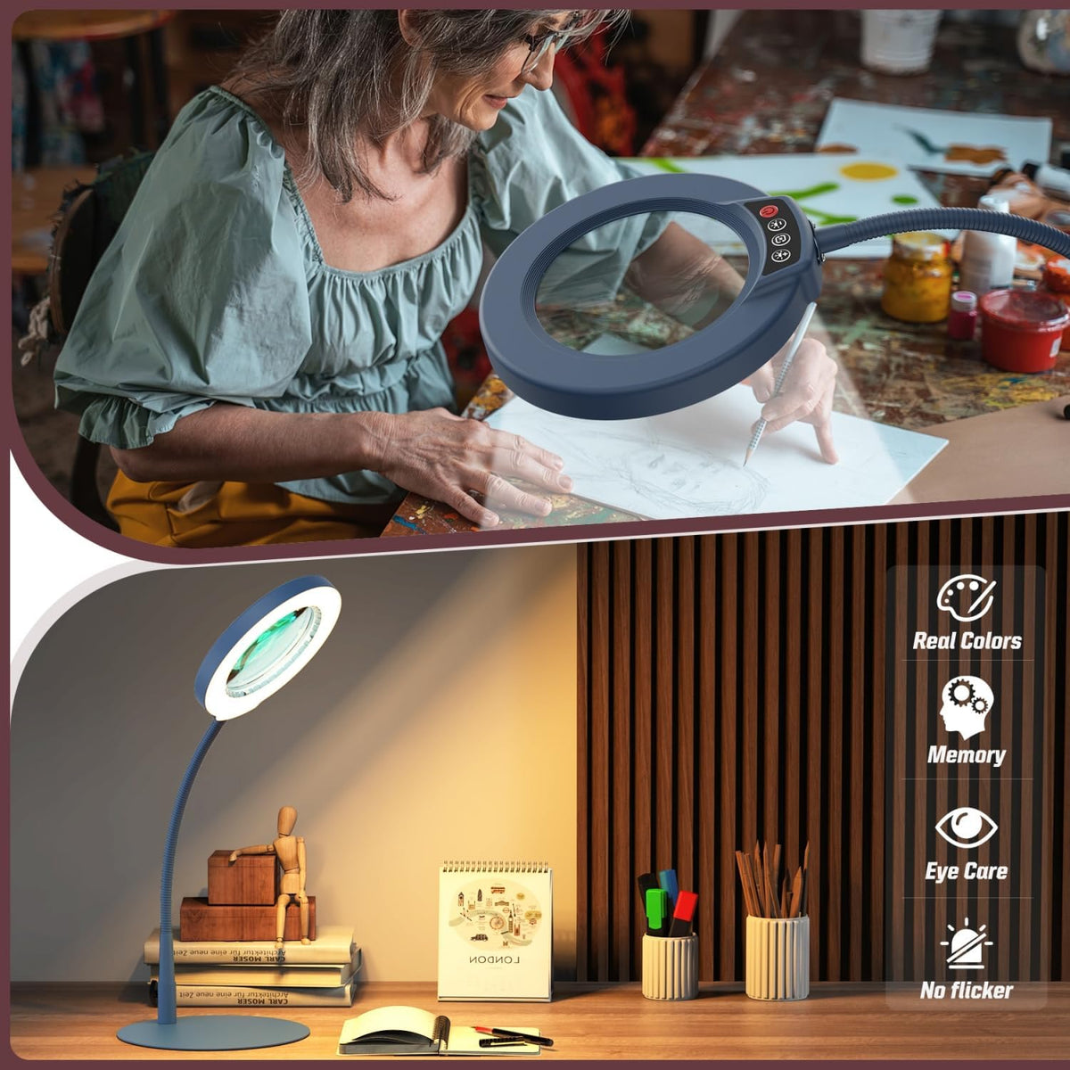 10X Magnifying Glass with Light and Stand, 5 Color Modes Stepless Dimmable LED Lighted Desk Lamp, Hands Free Magnifier with Flexible Goose-Neck for Craft Hobby Painting Sewing Close Work