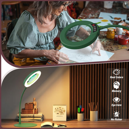 10X Magnifying Glass with Light and Stand, 5 Color Modes Stepless Dimmable LED Lighted Desk Lamp, Hands Free Magnifier with Flexible Goose-Neck for Craft Hobby Painting Sewing Close Work