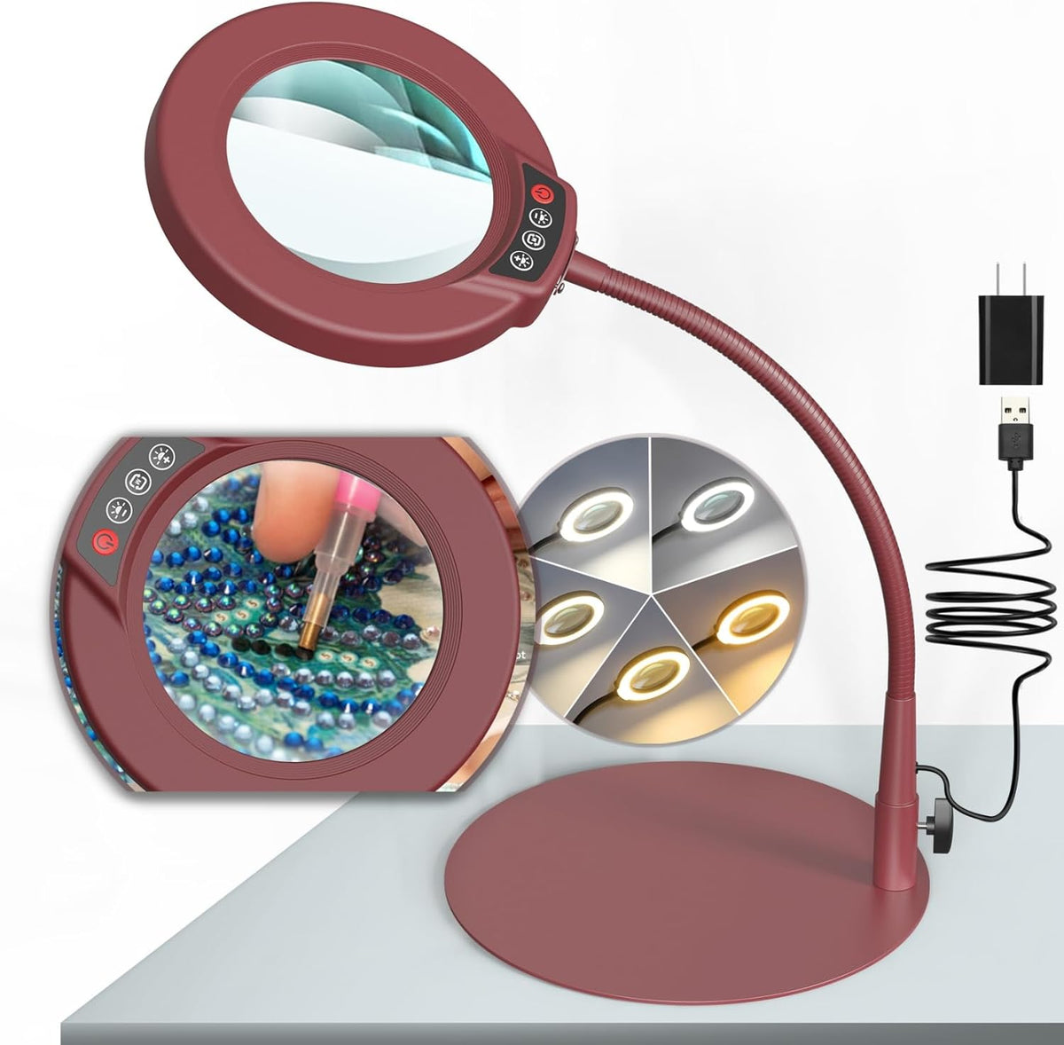 10X Magnifying Glass with Light and Stand, 5 Color Modes Stepless Dimmable LED Lighted Desk Lamp, Hands Free Magnifier with Flexible Goose-Neck for Craft Hobby Painting Sewing Close Work