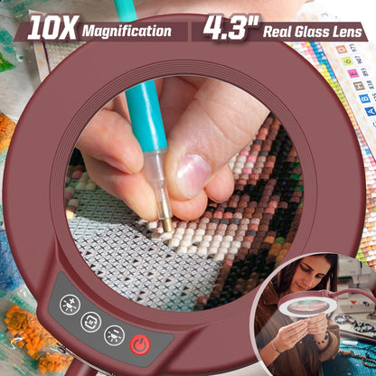 10X Magnifying Glass with Light and Stand, 5 Color Modes Stepless Dimmable LED Lighted Desk Lamp, Hands Free Magnifier with Flexible Goose-Neck for Craft Hobby Painting Sewing Close Work