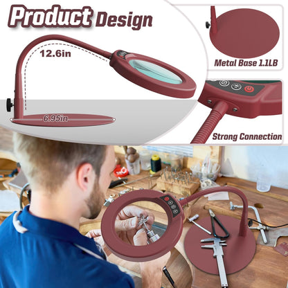 10X Magnifying Glass with Light and Stand, 5 Color Modes Stepless Dimmable LED Lighted Desk Lamp, Hands Free Magnifier with Flexible Goose-Neck for Craft Hobby Painting Sewing Close Work