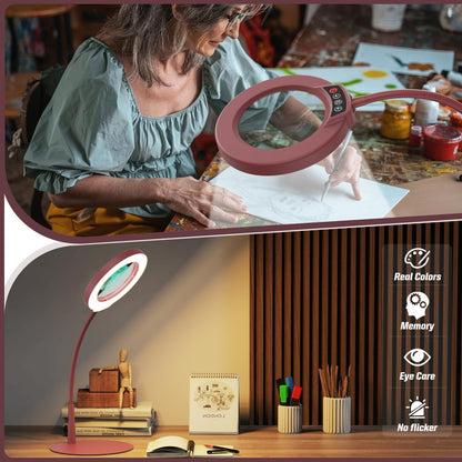10X Magnifying Glass with Light and Stand, 5 Color Modes Stepless Dimmable LED Lighted Desk Lamp, Hands Free Magnifier with Flexible Goose-Neck for Craft Hobby Painting Sewing Close Work