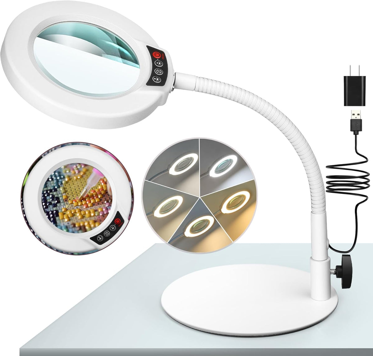 10X Magnifying Glass with Light and Stand, 5 Color Modes Stepless Dimmable LED Lighted Desk Lamp, Hands Free Magnifier with Flexible Goose-Neck for Craft Hobby Painting Sewing Close Work