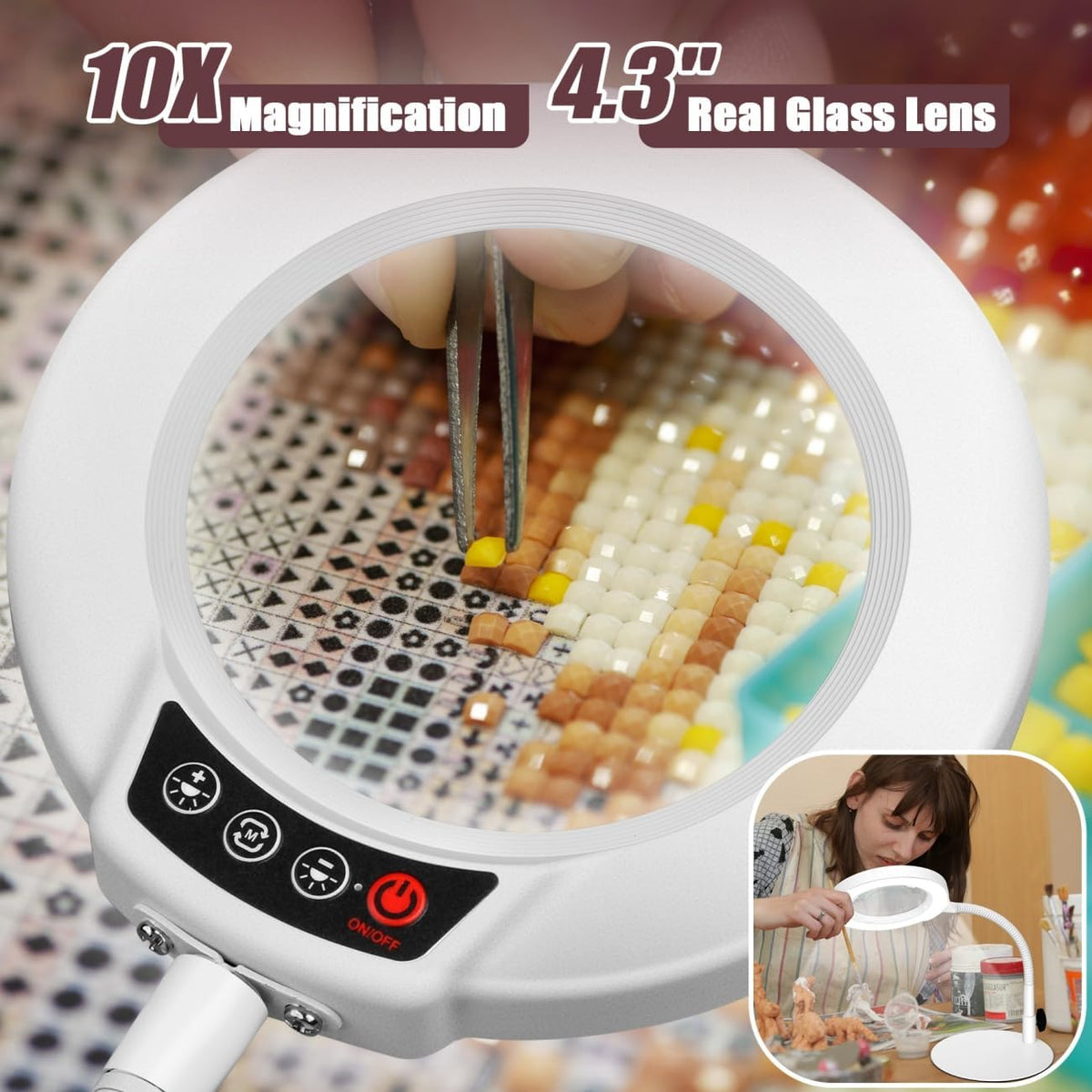 10X Magnifying Glass with Light and Stand, 5 Color Modes Stepless Dimmable LED Lighted Desk Lamp, Hands Free Magnifier with Flexible Goose-Neck for Craft Hobby Painting Sewing Close Work