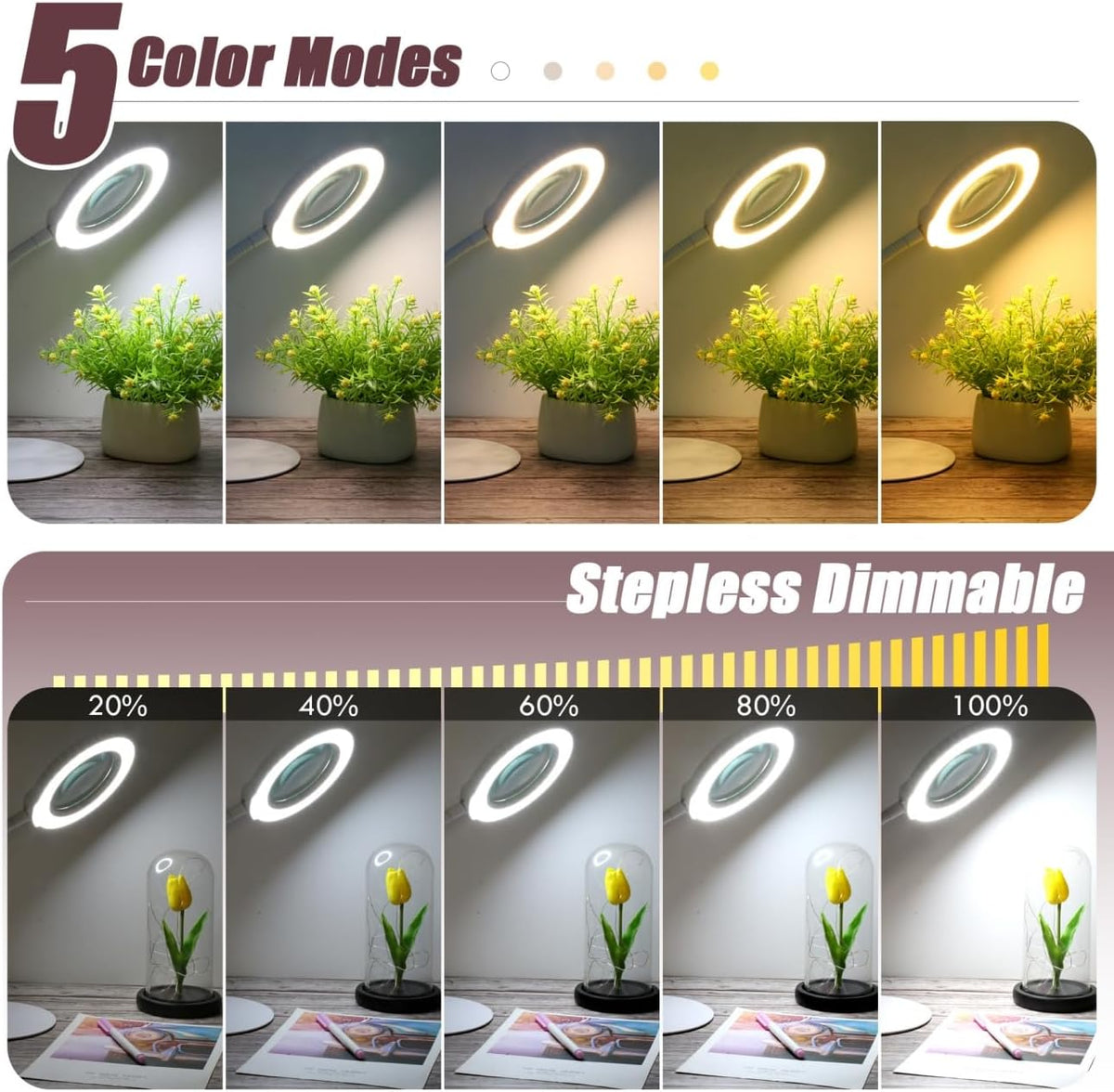 10X Magnifying Glass with Light and Stand, 5 Color Modes Stepless Dimmable LED Lighted Desk Lamp, Hands Free Magnifier with Flexible Goose-Neck for Craft Hobby Painting Sewing Close Work