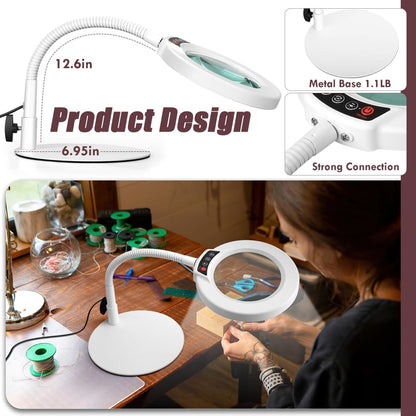 10X Magnifying Glass with Light and Stand, 5 Color Modes Stepless Dimmable LED Lighted Desk Lamp, Hands Free Magnifier with Flexible Goose-Neck for Craft Hobby Painting Sewing Close Work