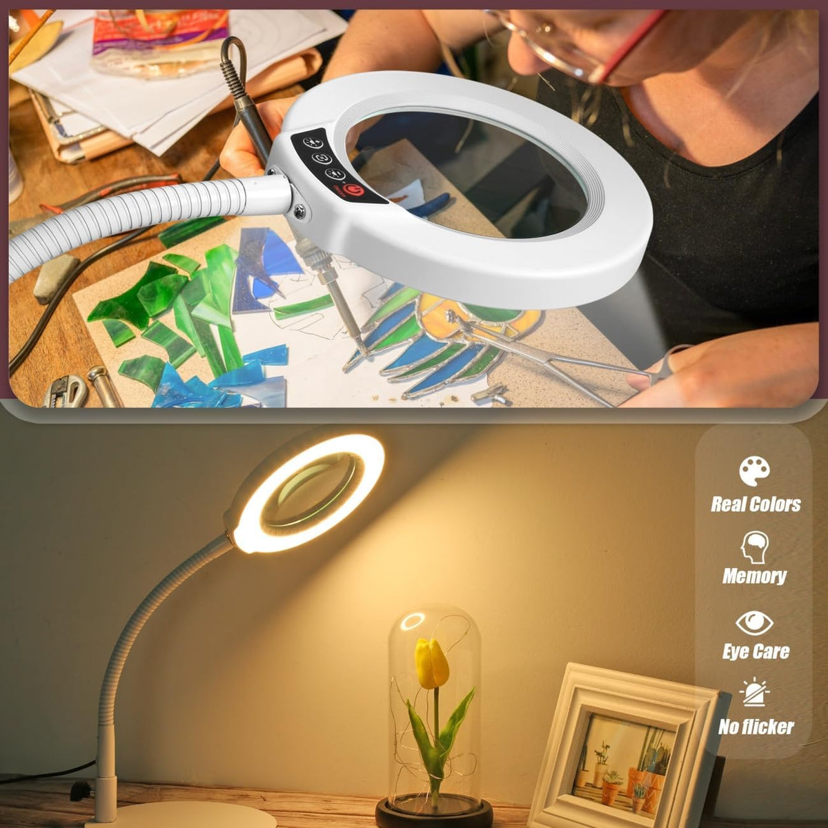 10X Magnifying Glass with Light and Stand, 5 Color Modes Stepless Dimmable LED Lighted Desk Lamp, Hands Free Magnifier with Flexible Goose-Neck for Craft Hobby Painting Sewing Close Work