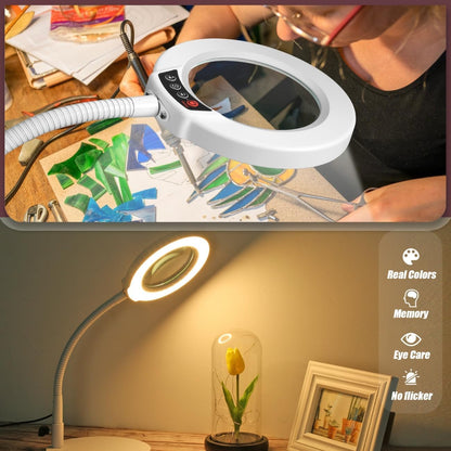 10X Magnifying Glass with Light and Stand, 5 Color Modes Stepless Dimmable LED Lighted Desk Lamp, Hands Free Magnifier with Flexible Goose-Neck for Craft Hobby Painting Sewing Close Work