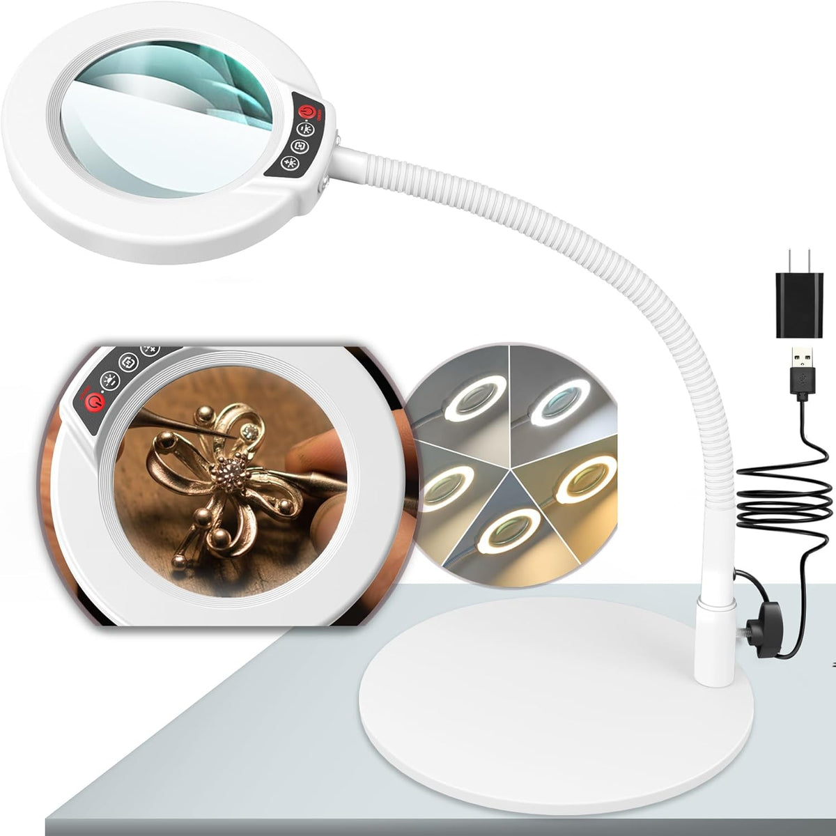 10X Magnifying Glass with Light and Stand, 5 Color Modes Stepless Dimmable LED Lighted Desk Lamp, Hands Free Magnifier with Flexible Goose-Neck for Craft Hobby Painting Sewing Close Work