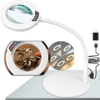 10X Magnifying Glass with Light and Stand, 5 Color Modes Stepless Dimmable LED Lighted Desk Lamp, Hands Free Magnifier with Flexible Goose-Neck for Craft Hobby Painting Sewing Close Work