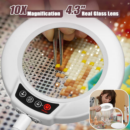 10X Magnifying Glass with Light and Stand, 5 Color Modes Stepless Dimmable LED Lighted Desk Lamp, Hands Free Magnifier with Flexible Goose-Neck for Craft Hobby Painting Sewing Close Work