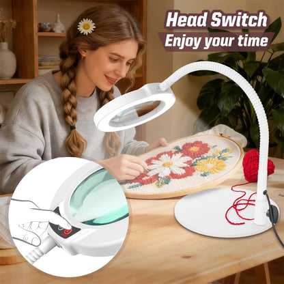 10X Magnifying Glass with Light and Stand, 5 Color Modes Stepless Dimmable LED Lighted Desk Lamp, Hands Free Magnifier with Flexible Goose-Neck for Craft Hobby Painting Sewing Close Work