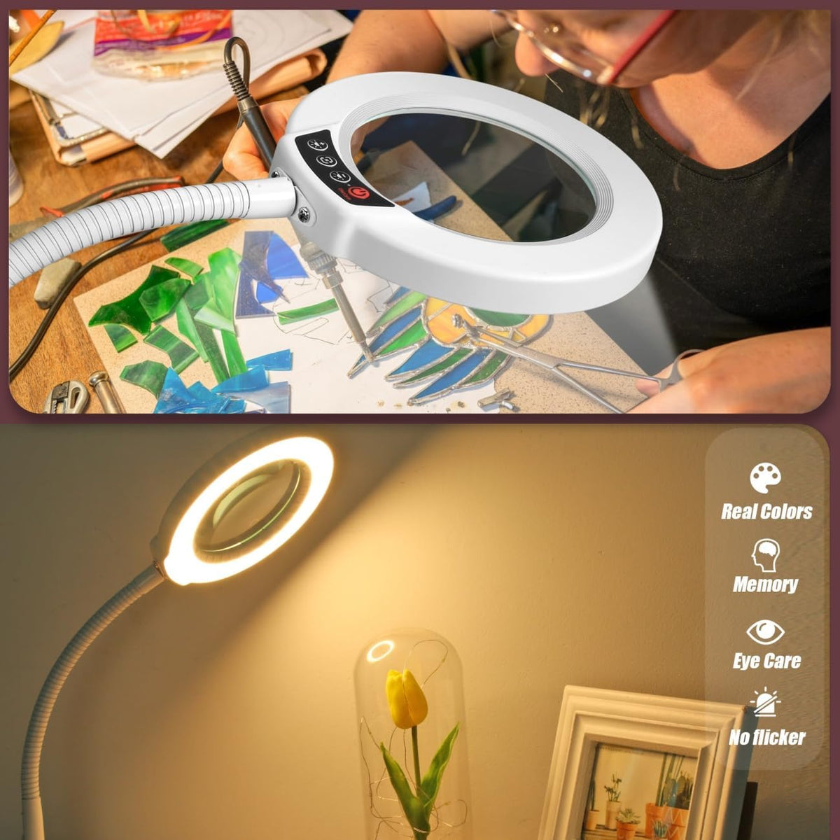 10X Magnifying Glass with Light and Stand, 5 Color Modes Stepless Dimmable LED Lighted Desk Lamp, Hands Free Magnifier with Flexible Goose-Neck for Craft Hobby Painting Sewing Close Work