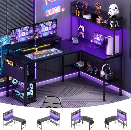 L Shaped Gaming Desk with Power Outlets & LED Lights, Black