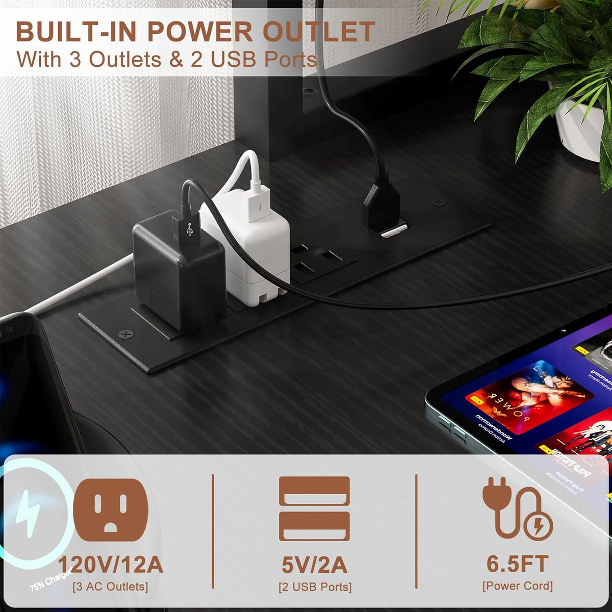 L Shaped Gaming Desk with Power Outlets & LED Lights, Black