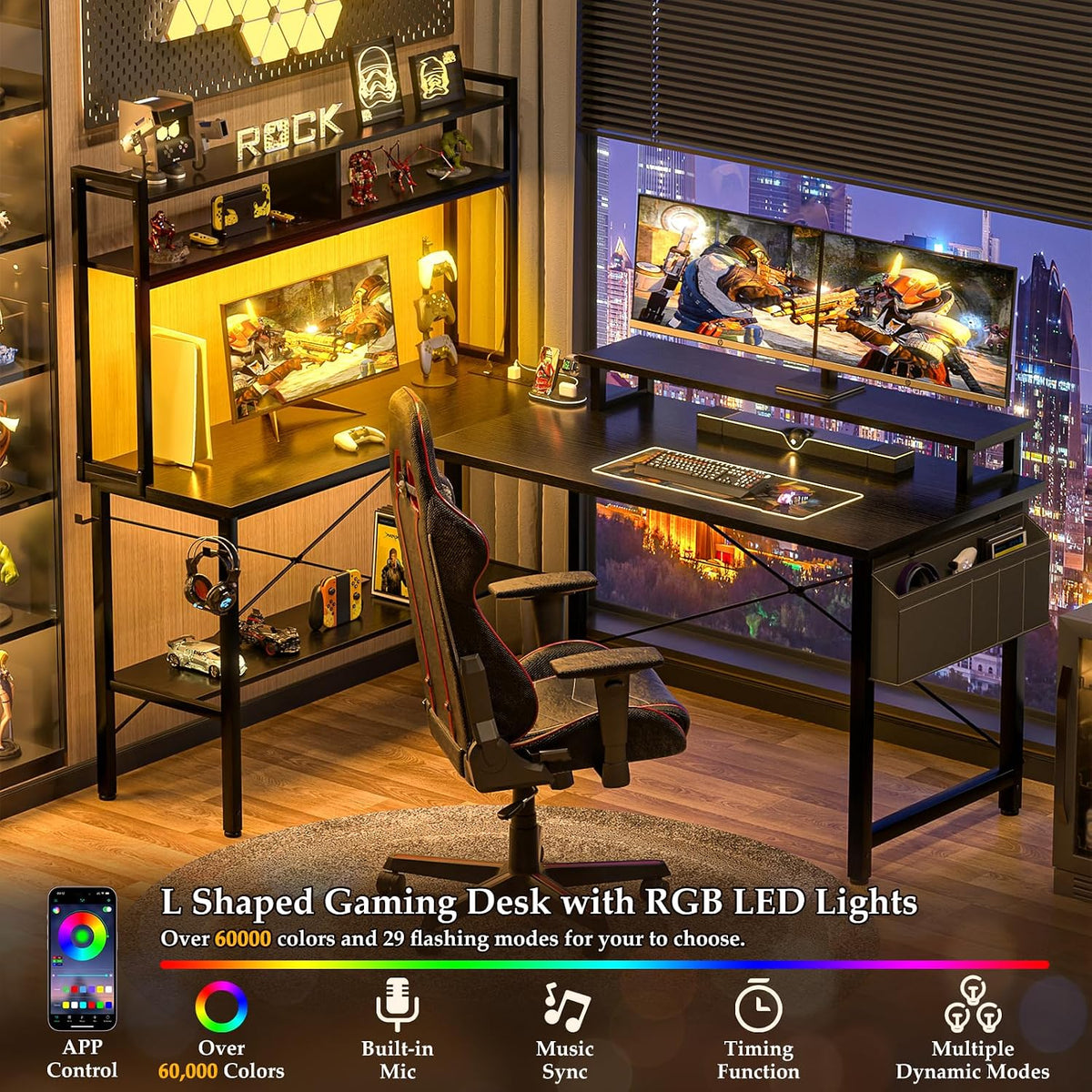 L Shaped Gaming Desk with Power Outlets & LED Lights, Black