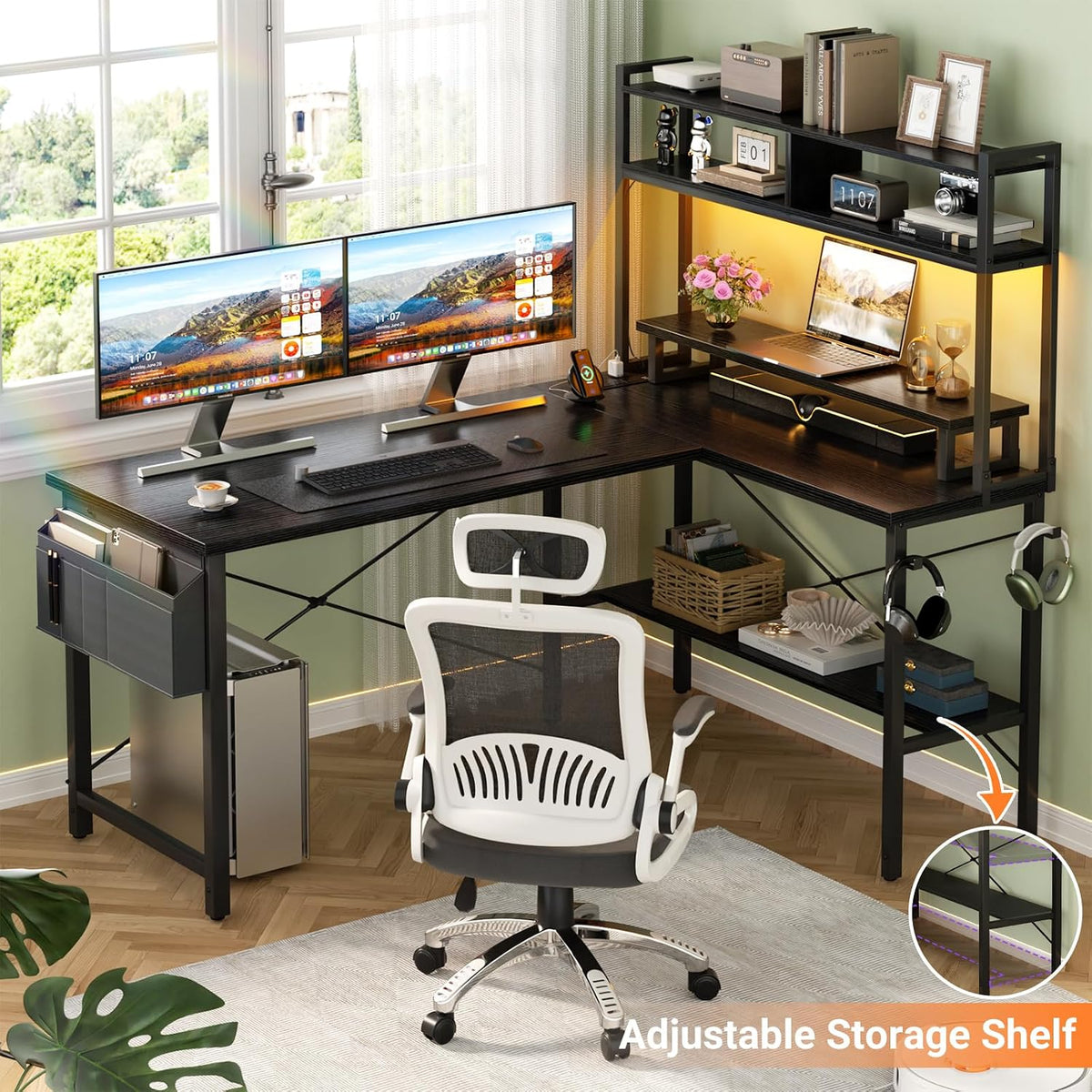 L Shaped Gaming Desk with Power Outlets & LED Lights, Black