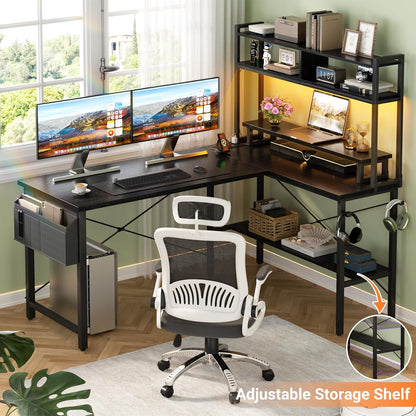 L Shaped Gaming Desk with Power Outlets & LED Lights, Black