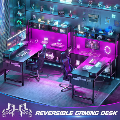 L Shaped Gaming Desk with Power Outlets & LED Lights, Black