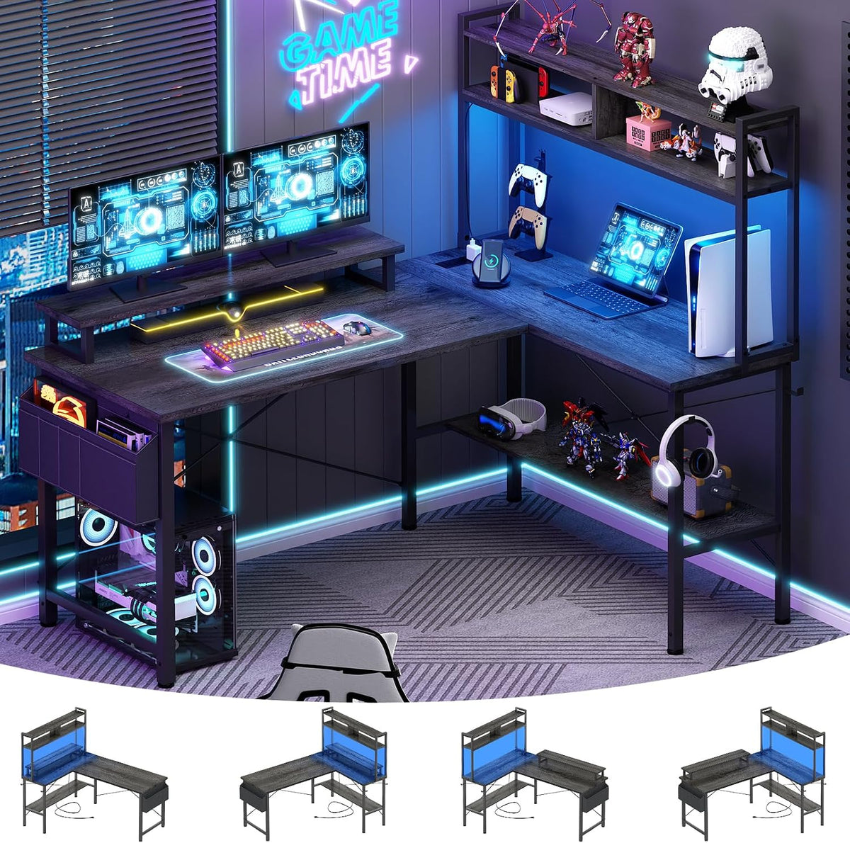 L Shaped Gaming Desk with Power Outlets & LED Lights, Black