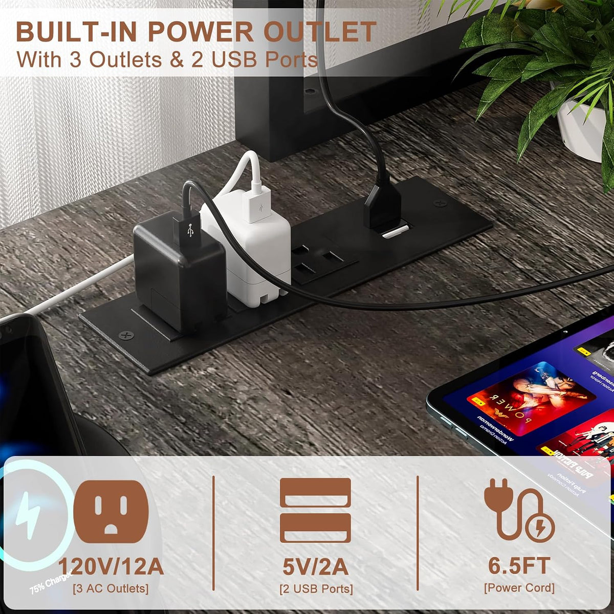 L Shaped Gaming Desk with Power Outlets & LED Lights, Black