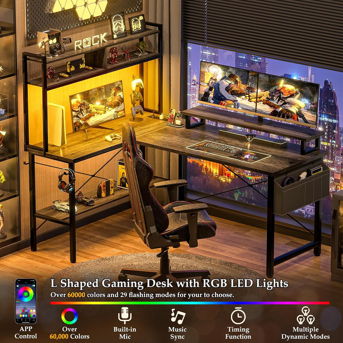 L Shaped Gaming Desk with Power Outlets & LED Lights, Black