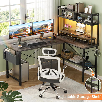 L Shaped Gaming Desk with Power Outlets & LED Lights, Black