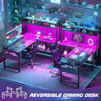 L Shaped Gaming Desk with Power Outlets & LED Lights, Black