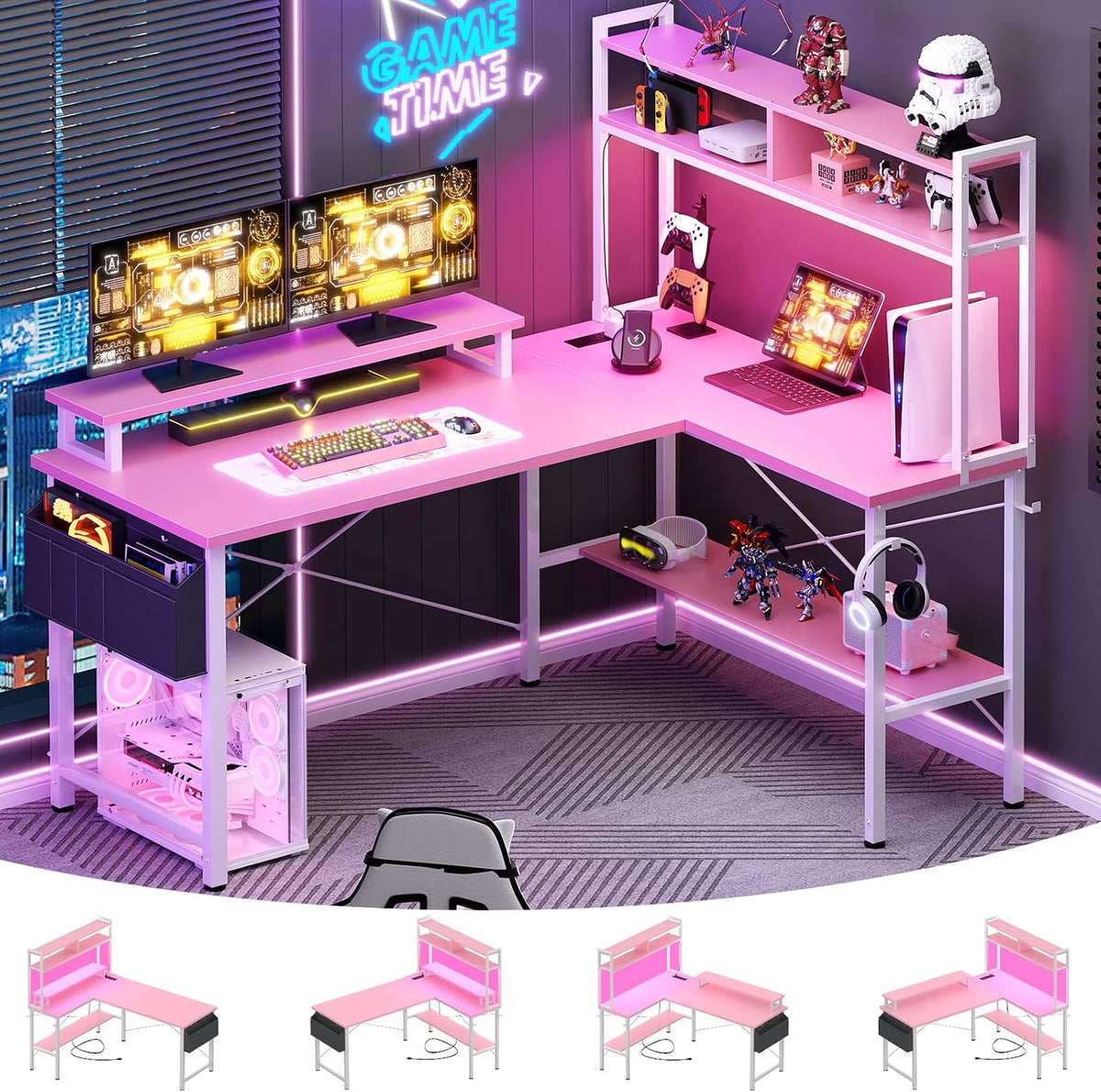 L Shaped Gaming Desk with Power Outlets & LED Lights, Black