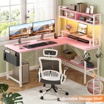 L Shaped Gaming Desk with Power Outlets & LED Lights, Black